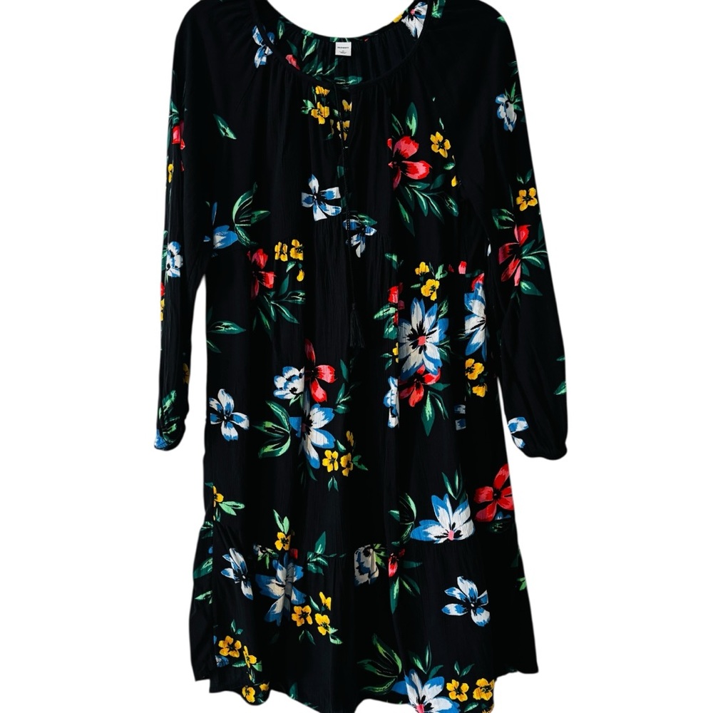 Old Navy Black Floral Like New Tie-Neck Dress with Red, Blue & Yellow Flowers M